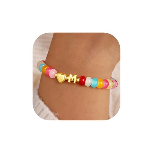 M MOOHAM Colorful Beaded Initial Bracelet for Women - Dainty Beaded Bracelets for Women Trendy Charm Letter A-Z Personalized Heart Jewelry Gifts