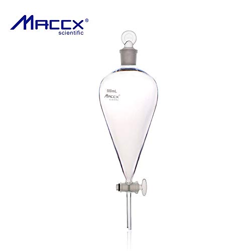 Maccx Separatory Funnel With Pear Shape, Vol.500Ml, 3.3 Borosilicate Glass Material, Ground-In Glass Stopper And Stopcock, Sfg500-001 #TOP1
