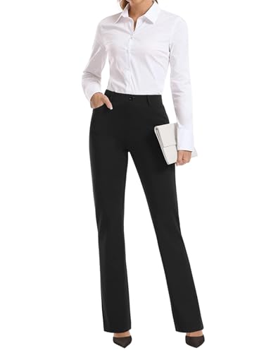 BANETTETA Women's High Waisted Stretch Dress Pants, Black Work Pants with Pockets, Tummy Control Slacks, Petite (6-18)
