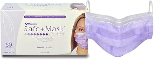 Medicom Safe+Mask Premier 3-Ply Layers, Breathable, Adjustable Earloops, Fluid Resistant, Protective PPE, Non-Woven, Disposable, Latex Free, Protection, Dust Safety Masks - (50/Box) (Lavender)