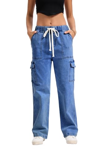 YOCUR Mid Rise Cargo Jeans Women Elastic Waist Stretch Wide