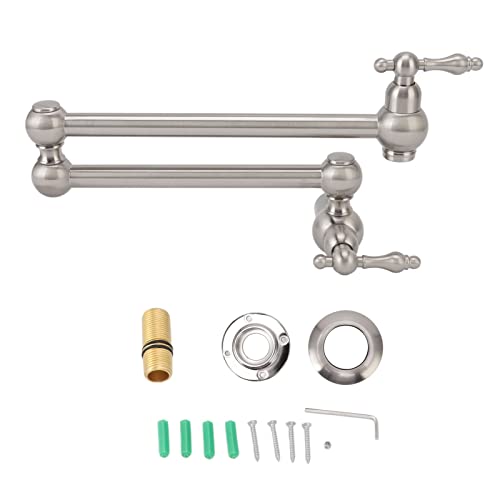 Grifo de Llenado de Ollas, Grifo de Cocina Montado en la Pared de Cobre, Grifo Frío Individual Plegable Y Estirable con Brazo Oscilante de Doble Articulación, Grifo de Fregadero con Brazo(Cepillado)
