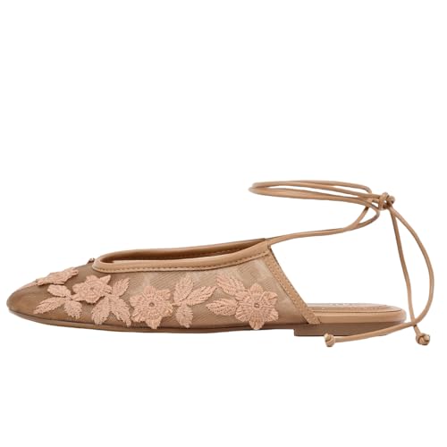 UFEDO Lace Up Mesh Ballet Flat for Women Summer Slingback Ballerina Shoes Embroidered Floral Mary Jane