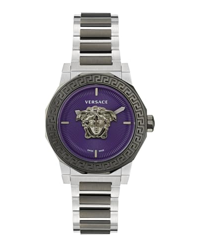 Versace Medusa Deco Collection Luxury Womens Watch Timepieces with a Two Tone Bracelet featuring a Gun Case and a Purple Dial