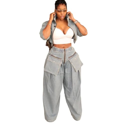 Womens Fall 2 Piece Outfits Zip Up Long Sleeve Crop Jean Jacket Wide Leg Cargo Pants Suit Denim Set