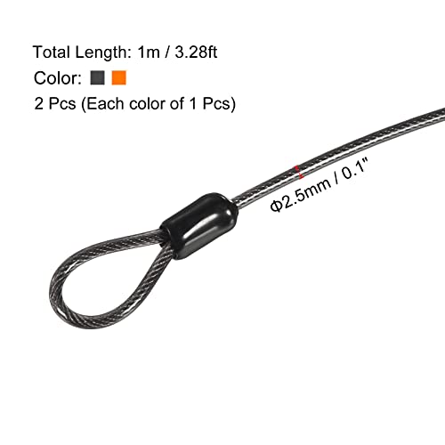 PATIKIL Security Steel Cable 2.5mm x 1m/3.28ft Coated Luggage Lock Wire Rope with Double Loop Black, Orange 2 Pack - Image 2
