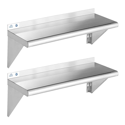 Image of ROCKPOINT Stainless Steel Shelf 10 x 36 Inches 240lb, 2 Pack NSF Metal Commercial Shelves Wall Mount Floating Shelving with Backsplash for Restaurant, Kitchen, Home and Hotel, Silver