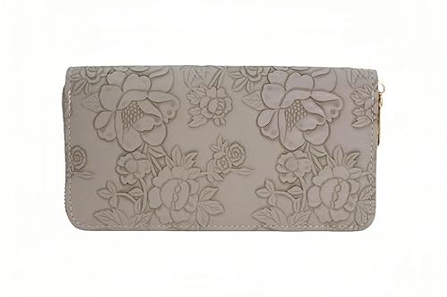 Women's floral embossed wallet with long zipper design, detachable wristband, ultra-thin large capacity phone bag, card bag, 7.67 x 3.93 inches gray3