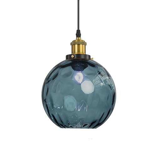 EKSED Suspension Boule Verre Ondulé - Lampe Suspendue Vague avec Abat-Jour Laiton pour Îlot Cuisine & Salle à Manger (Bleu foncé, 20cm)