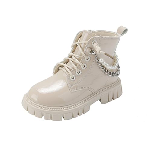 Girls Ankle Boots Solid Lace Up Combat Boot Side Zipper Comfortable Pearl Metal Decoration Non-Slip Short Boots