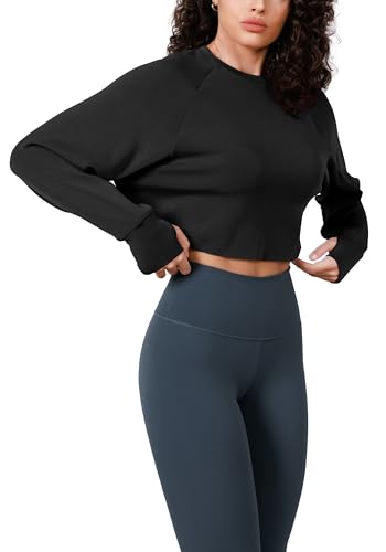 ODODOS Modal Soft Long Sleeve Cropped Sweatshirts with Thumb Hole for Women Crew Neck Pullover Crop Top