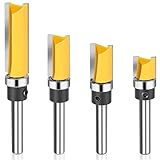 Junreox 4PCS Flush Trim Route Bit 1/4 Shank, Premium Pattern Flush Cut Route Bit with Bearing to Prevent Tear-Out, Straight Cut Carbide Tipped Template Router Bit for Woodworking, Milling, Trimming