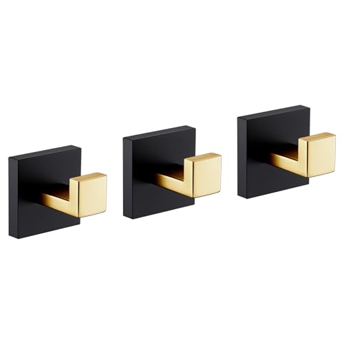 Image of KOKOSIRI Robe Hooks for Wall Bathroom Towel Hooks Coat Hook Kitchen Garage Heavy Duty Wall Mounted Stainless Steel Brushed Gold and Matte Black, 3 Pack B1010GDK-P3