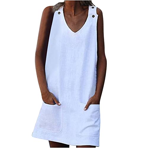 Leinenkleid Damen Sommer Ärmelloses Kleid Leinen Sexy Sommerkleid Kurz Leicht und Luftig Rundhals mit Tasche Einfarbig Strandkleid Tunika A Linien...