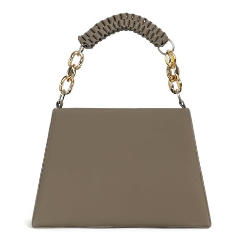 Image of Women's Handbag, PU Leather, Braided Top Handle with Gold-Tone Chain, Detachable Sling Strap, Taupe