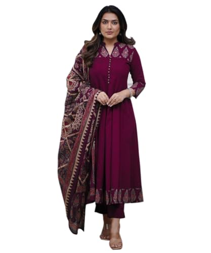 Image of GoSriKi Women's Rayon Viscose Anarkali Printed Kurta Pant with Dupatta | Anarkali Kurta Set for Women | Flared Kurti Pant Set | Ethnic Printed Suit for Women