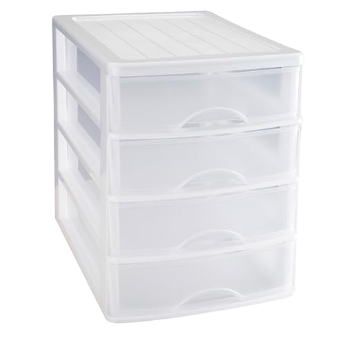 Tradineur - Cajonera de sobremesa - 4 Cajones Transparentes - Torre de almacenaje, armario, baño, oficina - Fabricado en España - 35 x 27 x 35,5 cm - Color Blanco