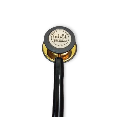 Image of Fidelis Healthcare Stainless Steel Dual Head Acoustic Stethoscope | Adult and Pediatric Stethoscope with Double-Sided Gold Plated Chestpiece | Perfect for Doctors, Medical Students with Flexible Tube and Soft Sealing Ear Knobs (Black)