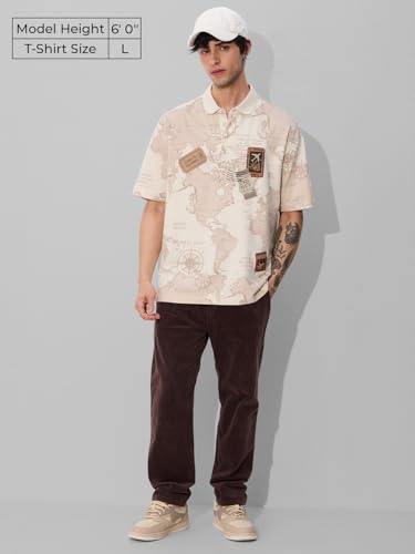 Image of The Souled Store Travel Badges Men and Boys Short Sleeves Collared Neck Beige Applique Patches Cotton Oversized Polos