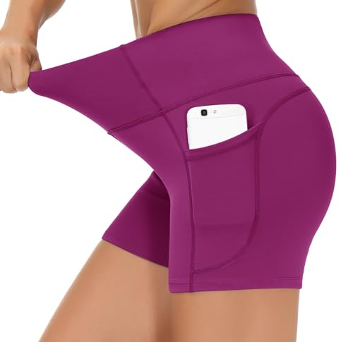 Image of THE GYM PEOPLE High Waist Yoga Shorts for Women's Tummy Control Fitness Athletic Workout Running Shorts with Deep Pockets