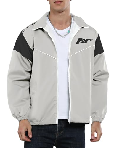 Image of Yimoon Men's Lightweight Windbreaker Jacket Casual Zip Up Outdoor Varsity Jacket Patchwork Vintage Y2K Outerwear, Grey, S