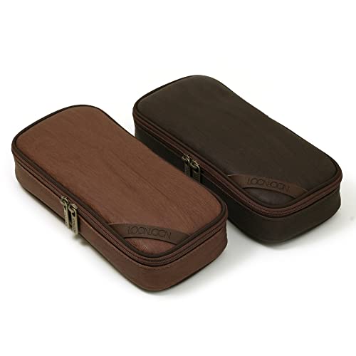Image of LOONLOON 664 Wood Pencil Case Dark Brown - Large Capacity Multi-Section Pen Pouch with Divider for School, College, Office, Student Stationery Organizer