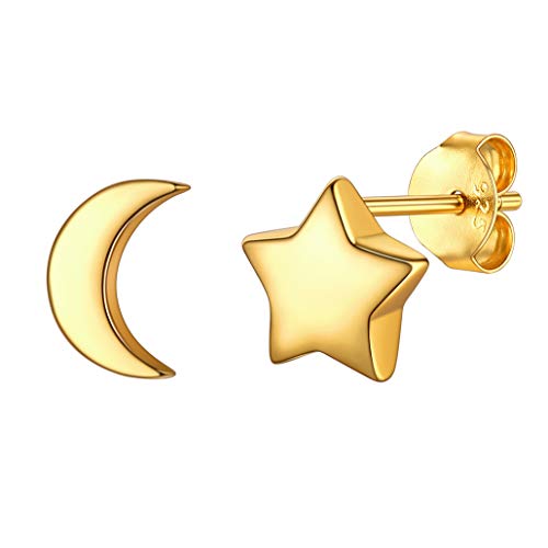 Silvora Estrella y Luna Pendientes de Mujer Plata Oro Pendientes Finos de Tuerca Star Moon Stud Earrings Cover