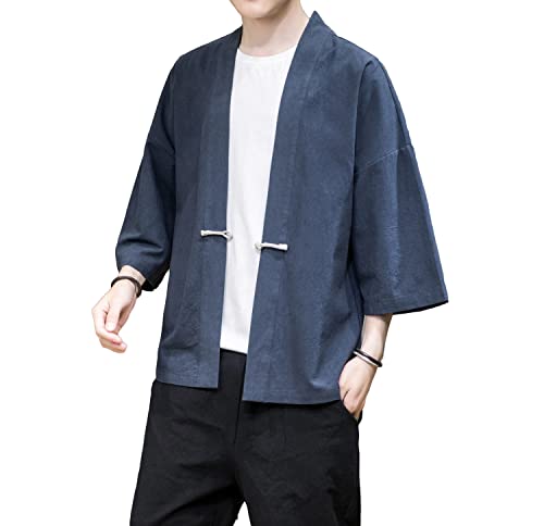 Image of Mens Kimono Cardigan Cotton Linen Japanese Shirt 3 /4 Sleeve Haori Yukata | Skin-Friendly Solid Color Lightweight Shawl Collar Kimono Robe Embroidery Button Tie Pockets Happi Coat All Season Daily Wear