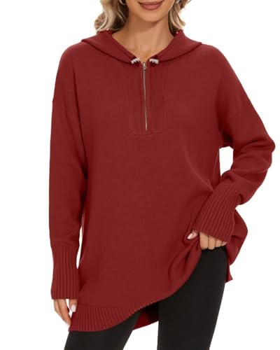 Image of Women's Hooded Sweater Loose Half Zip Drawstring Pullover Sweatshirt Top Casual Long Sleeve Side Slit Knit Hoodie
