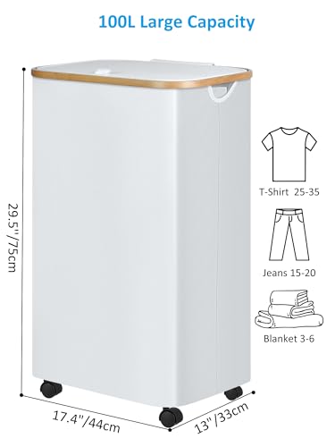 Image of efluky Laundry Basket with Wheels, Tall Rolling Laundry Hamper with Lid and Removable Bag, Aesthetic Dirty Clothes Hamper on Wheels for Laundry Room, Bedroom, Dorm and Bathroom, 100L White