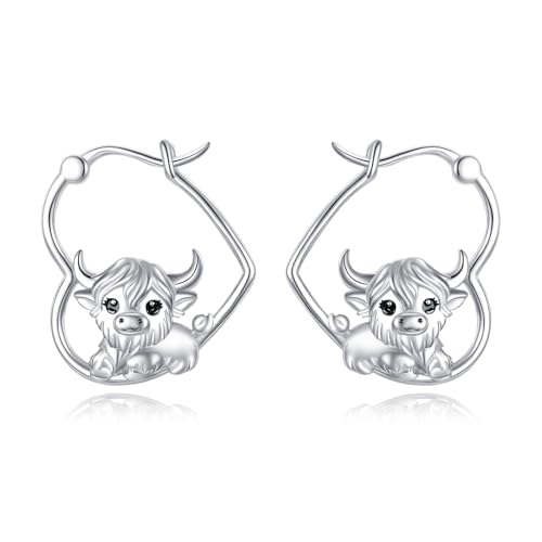 Boucles d'oreilles bœuf des Highlands argent sterling créoles cœur pendantes cadeau femme