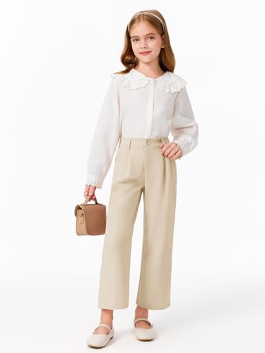 Image of Haloumoning Girls Uniform Pants Kids High Waisted Wide Leg Dress Pants Casual Trousers with Pockets 5-14 Years