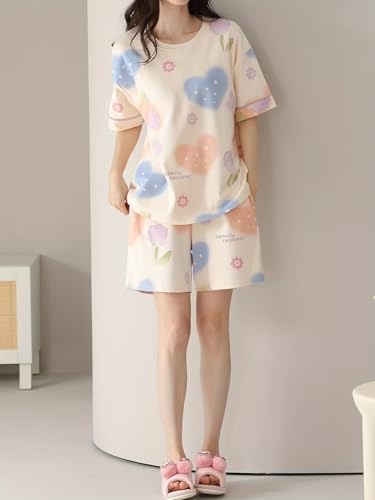 Image of Lunza Women's Cotton Blend Pajama Set, Short Sleeve T-Shirt and Shorts, Cute Bear Print Nightwear