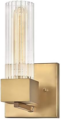 Hinkley Xander One Light Bathroom Vanity Fixture, Ribbed Clear Glass, Mid-Century Modern, Use T9 or T10 Bulbs, Heritage Brass Finish