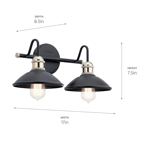 Image of Kichler Clyde 2-Light Bathroom Vanity Light Fixture with Vintage Industrial Design, Black Finish for Bathrooms Over Mirror (7.25 inch H x 17 inch W x 8.25 inch Ext.), 45944BK