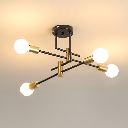 Dorlink Chandelier Light, 4 Lights Industrial Ceiling Light Black with Gold, E27 Chandelier Lighting Vintage Semi Flush Mount for Living Room Bedroom Kitchen Dining Room Hallway (No Bulbs)