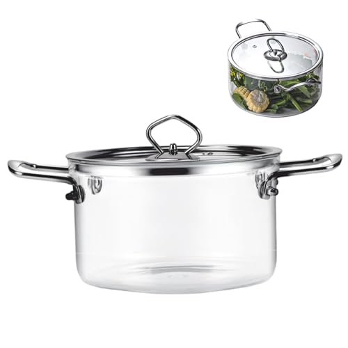 Cacerola de Vidrio con Tapa, Olla a Fuego Lento Transparente de 2, 5 L con Mango Doble de Acero Inoxidable, Ollas de Vidrio Resistentes al Calor para Cocinar Pasta, Fideos, Sopa, Cocina con Leche.