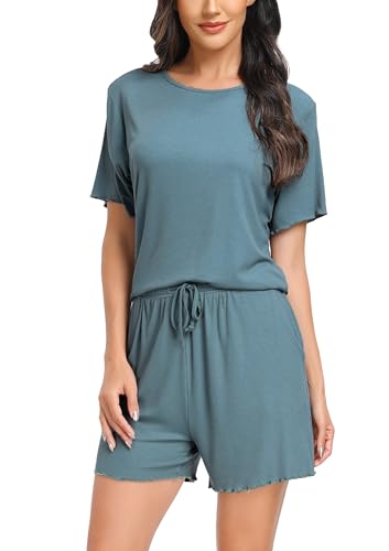 Vlazom Conjunto de Pijama para Mujer de Manga Corta Pijama para Dormir Suave Top y Pantalones Cortos (XXL,Verde Oscuro)
