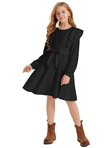 Quedoris Girls Ruffle Trim Dress Print and Solid Color A-line Swing Flared Belted Casual Party Dress with Zipper - Image 4