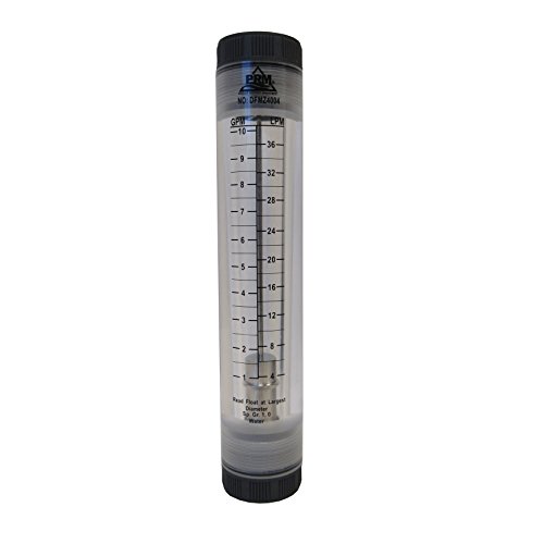 PRM 1-10 GPM Water Rotameter Flow Meter, 1 Inch Female NPT Connection, Acrylic Body with PVC End Tails, 316 SS Plunger, Viton O-Rings, Max Pressure 85 PSI, Max Temp 125°F, ±4% Accuracy