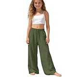 Leinenhose Mädchen Sommerhose Hohe Taille Weite Bein Leinen Hose Lang Casual Musselin Hosen Teenager Kinder Sommer Leichte Luftige Sporthose Einfarbige Bequem Jogginghose für 4-15 Jahre