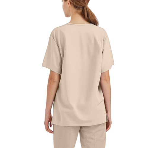 Image of FONMA Scrub Tops Women Plus Size Stretchy V-Neck Scrub Shirts with 4 Pockets Breathable Short Sleeve Nurse Uniforms