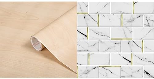Bundle Includes (1) d-c-fix Self-Adhesive Film, Maple, 26"x78" Roll, 2-Pack & (1) DÉCOR Wow Peel & Stick Backsplash for Kitchen & Bathroom, (8) 12x12-inch Sheets, White Marble Subway with Gold