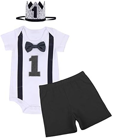 FYMNSI Infant Baby Boy 1st First Birthday Cake Smash Outfit Bow Tie Shorts Sleeve Romper Babygrow Shorts Pants Prince Crown Headband 3pcs Summer Casual Party Clothes Set Photo Props