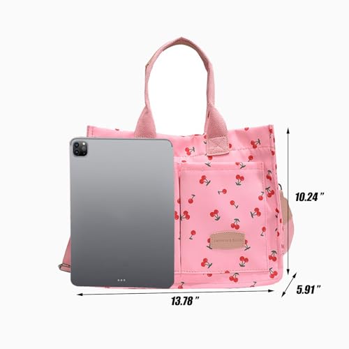 Image of Cherry Tote Bag for Women Canvas Patched Purse Cute Shoulder Bag Multi-Pocket Satchel Handbag for work travel