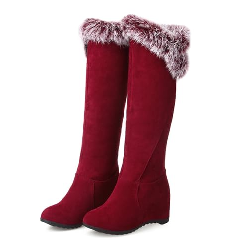 Women's Winter Over The Knee Thigh High Snow Boots Stretch Thick Rabbit Fur Collar Warm Leather Waterproof Slip-on Hidden Wedge Boot