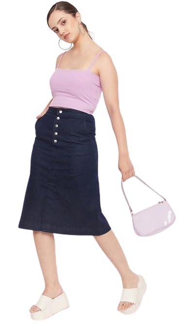 Navy Blue Front Pocket Buttoned A-Line Long Denim Woman Skirt-picture-29