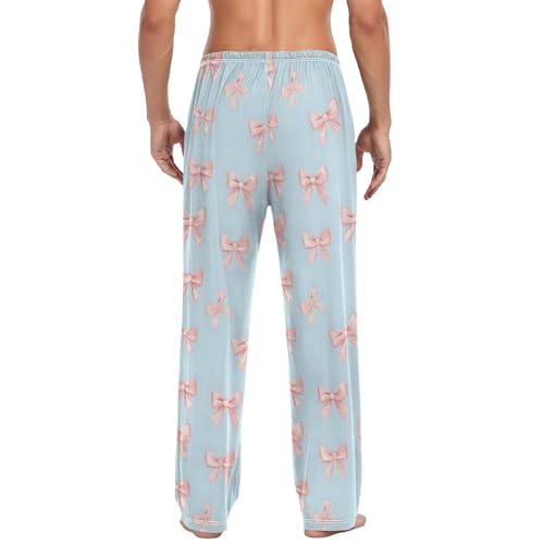 Men’s Small Pink Bows Pajama Pants with Pockets, Comfortable Lounge Sleep Bottoms#3252