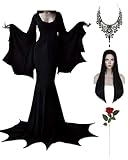Halloween Morticia Addams Costumes Vintage Gothic Black Long Dress Outfit Women Wig Red Roses Flowers Necklace