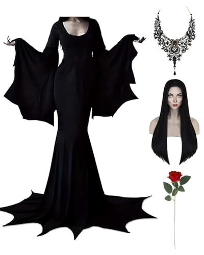 Halloween Morticia Addams Costumes Vintage Gothic Black Long Dress Outfit Women Wig Red Roses Flowers Necklace